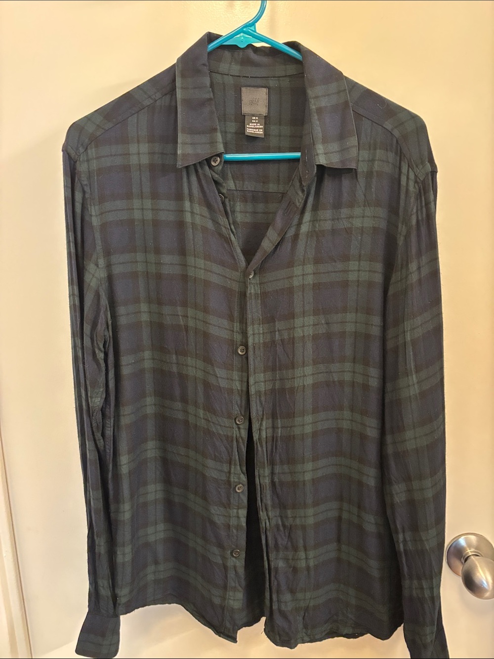 H&M Men's Long-Sleeve Blackwatch Plaid Button-Up Shirt - Dark Green/Blue